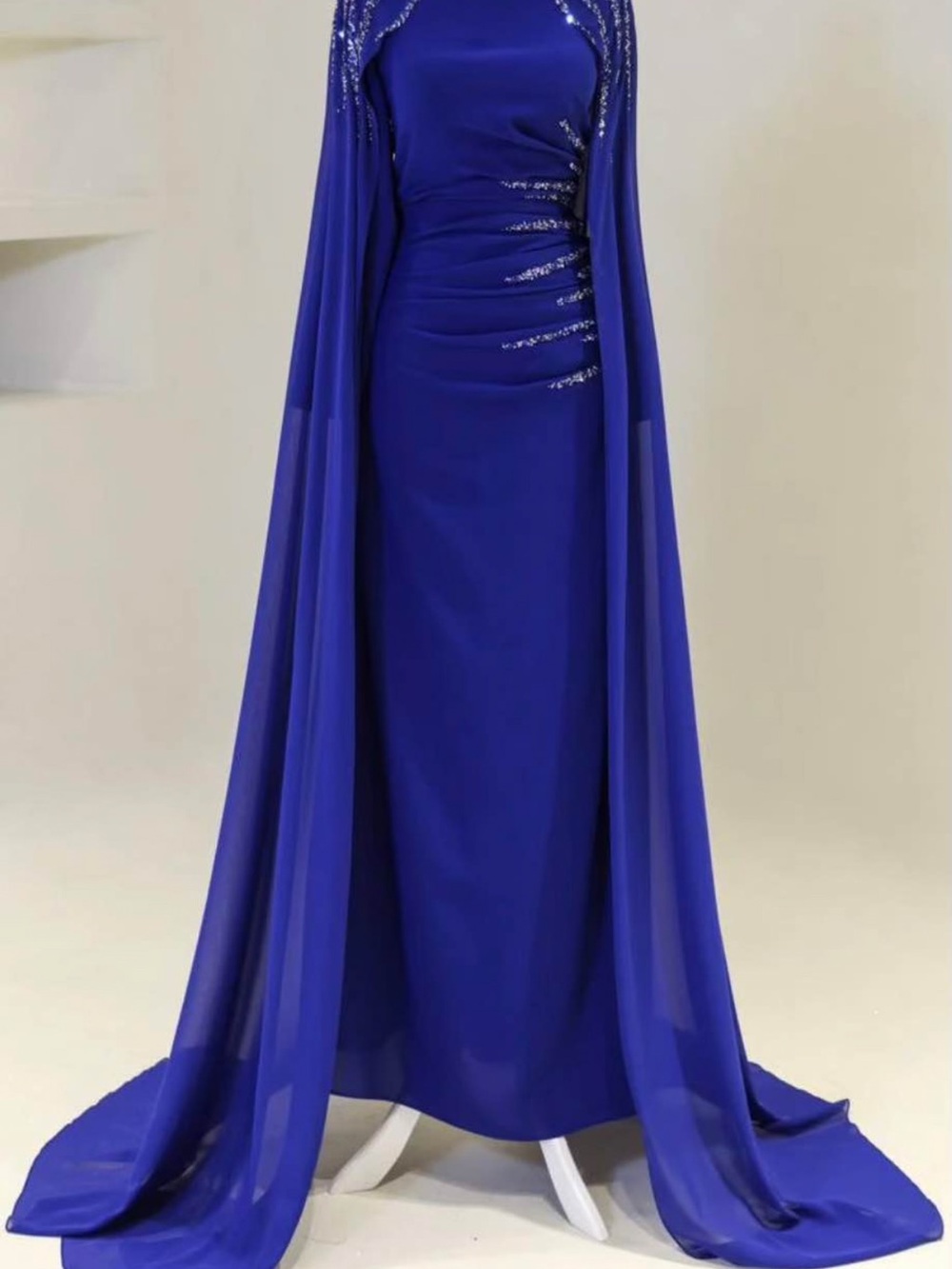 Royal Blue Maxi Evening Dress with Draped Cape